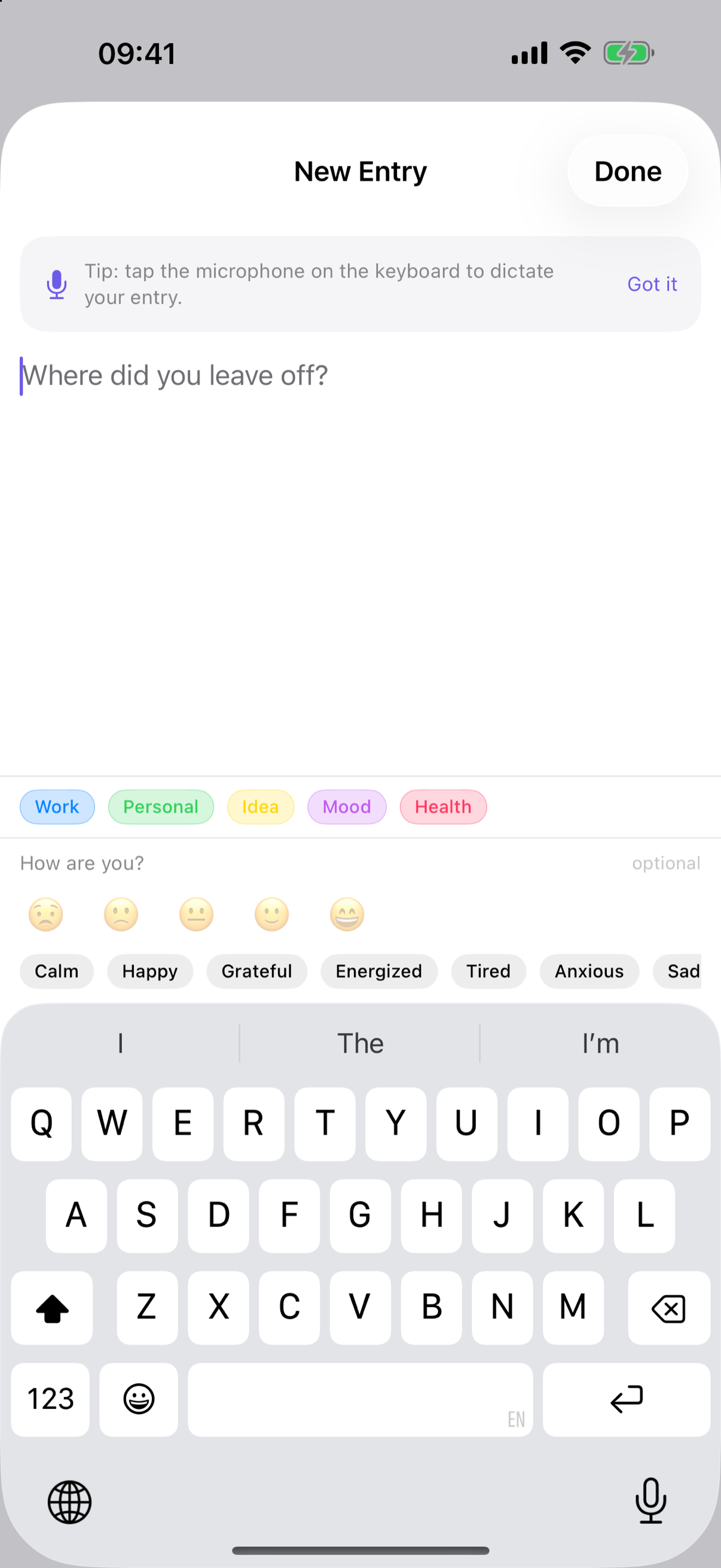 Composing a new entry with tags and an optional mood.