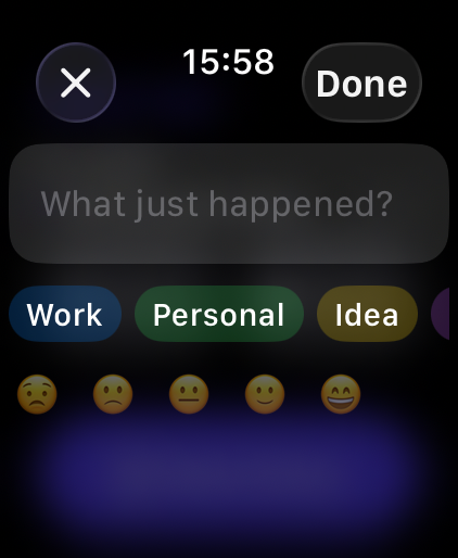 Writing an entry on Apple Watch: a dictation field, tag chips, and an optional mood row.