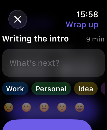 Wrapping up a task on Apple Watch: what's next, tags, how you feel, and Log & finish.